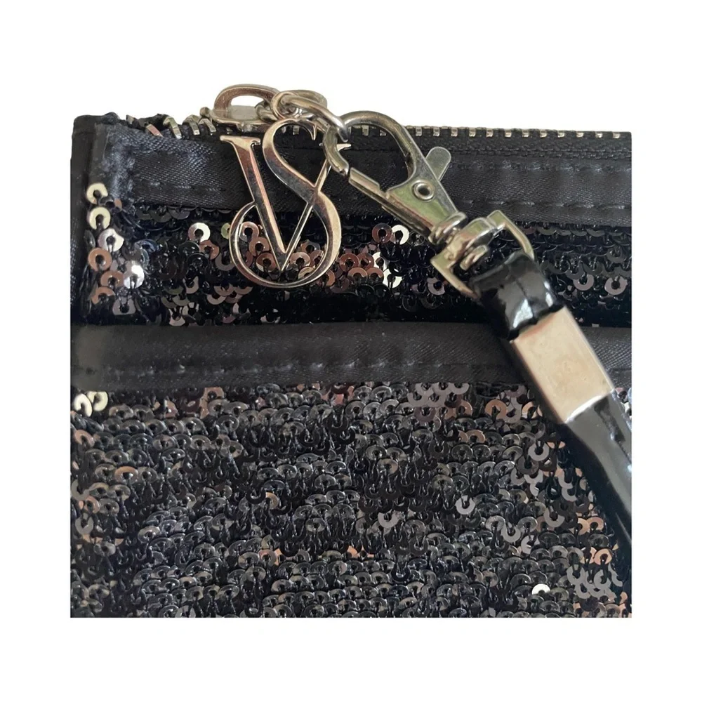 Victoria's Secret Black and Silver Sequin Double Zip Clutch Wristlet